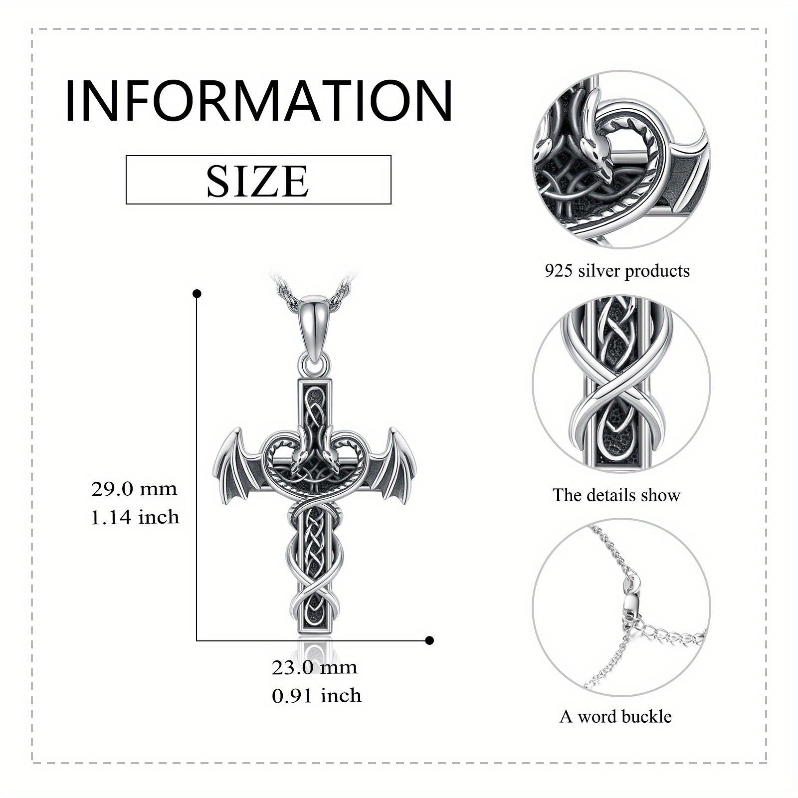 925 Sterling Silver Dragon Cross Pendant Necklace